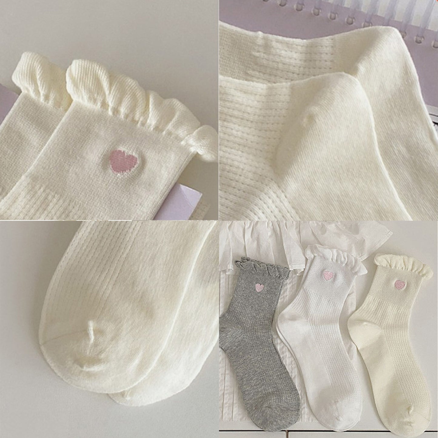 3-Pack Breathable Cotton Blend Socks with Ruffle Trim and Heart Embroidery