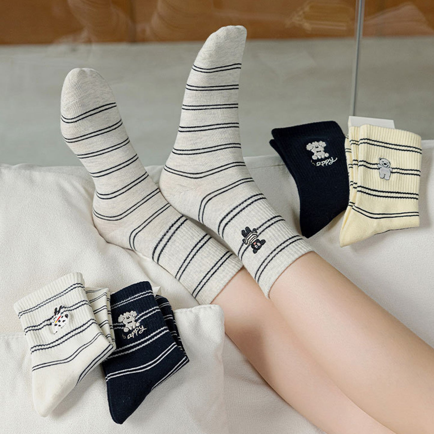 3-Pair Pack Cotton Blend Crew Socks with Cute Dogs Embroidery Design