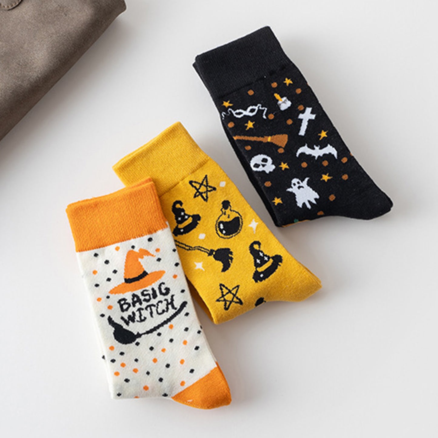 3-Pack Halloween Cotton Crew Socks with Festive Patterns