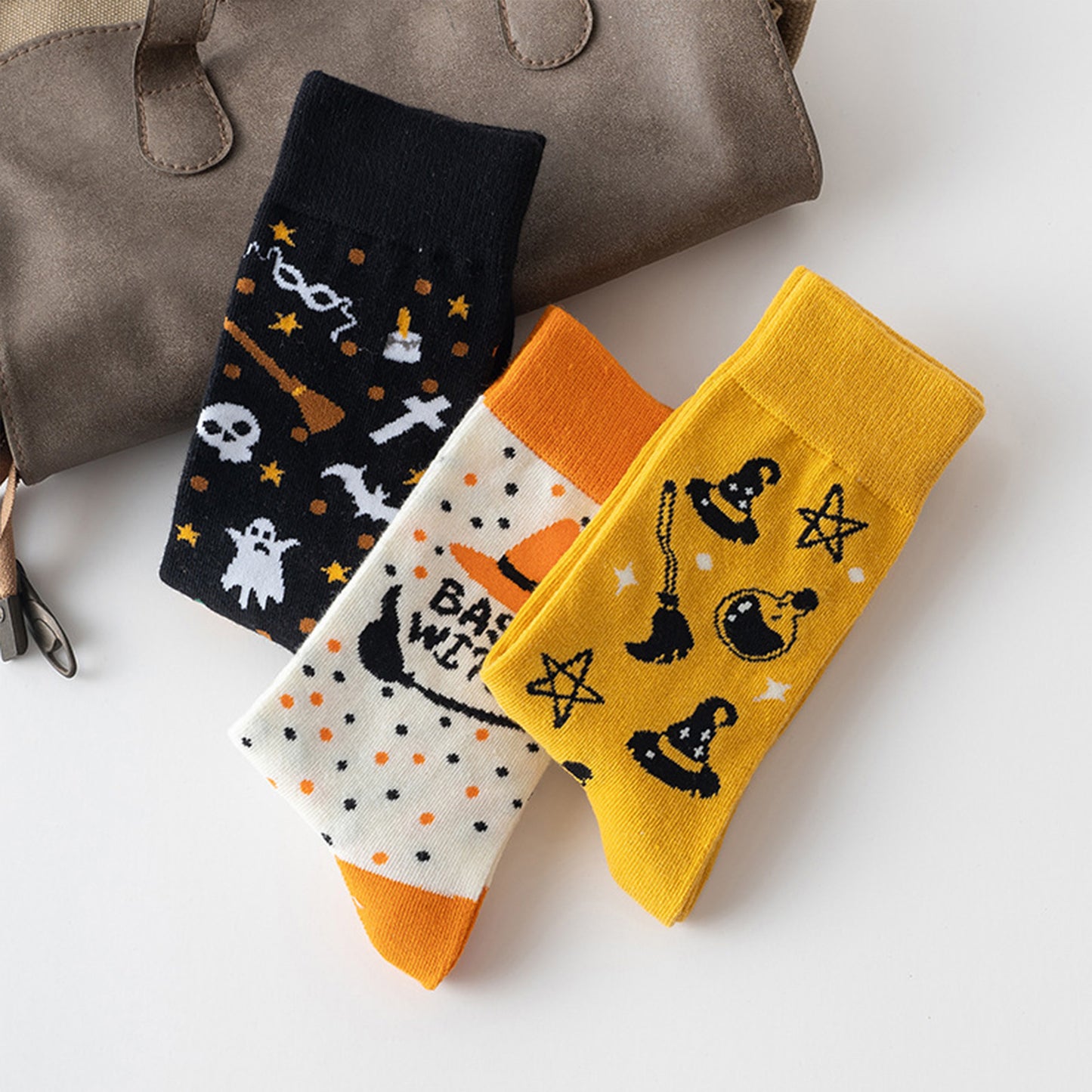 3-Pack Halloween Cotton Crew Socks with Festive Patterns