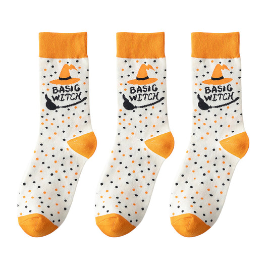 3-Pack Halloween Cotton Crew Socks with Festive Patterns