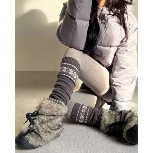 Nordic Knit Pattern Leg Warmers with Ribbed Cuffs and Soft Stretch Fabric