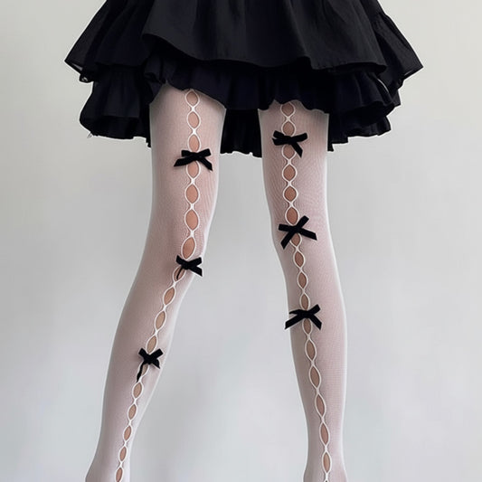 3-Piece Set Sheer Tights with Front Bow and Cutout Pattern Design