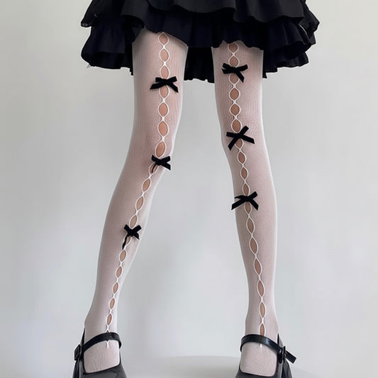 3-Piece Set Sheer Tights with Front Bow and Cutout Pattern Design