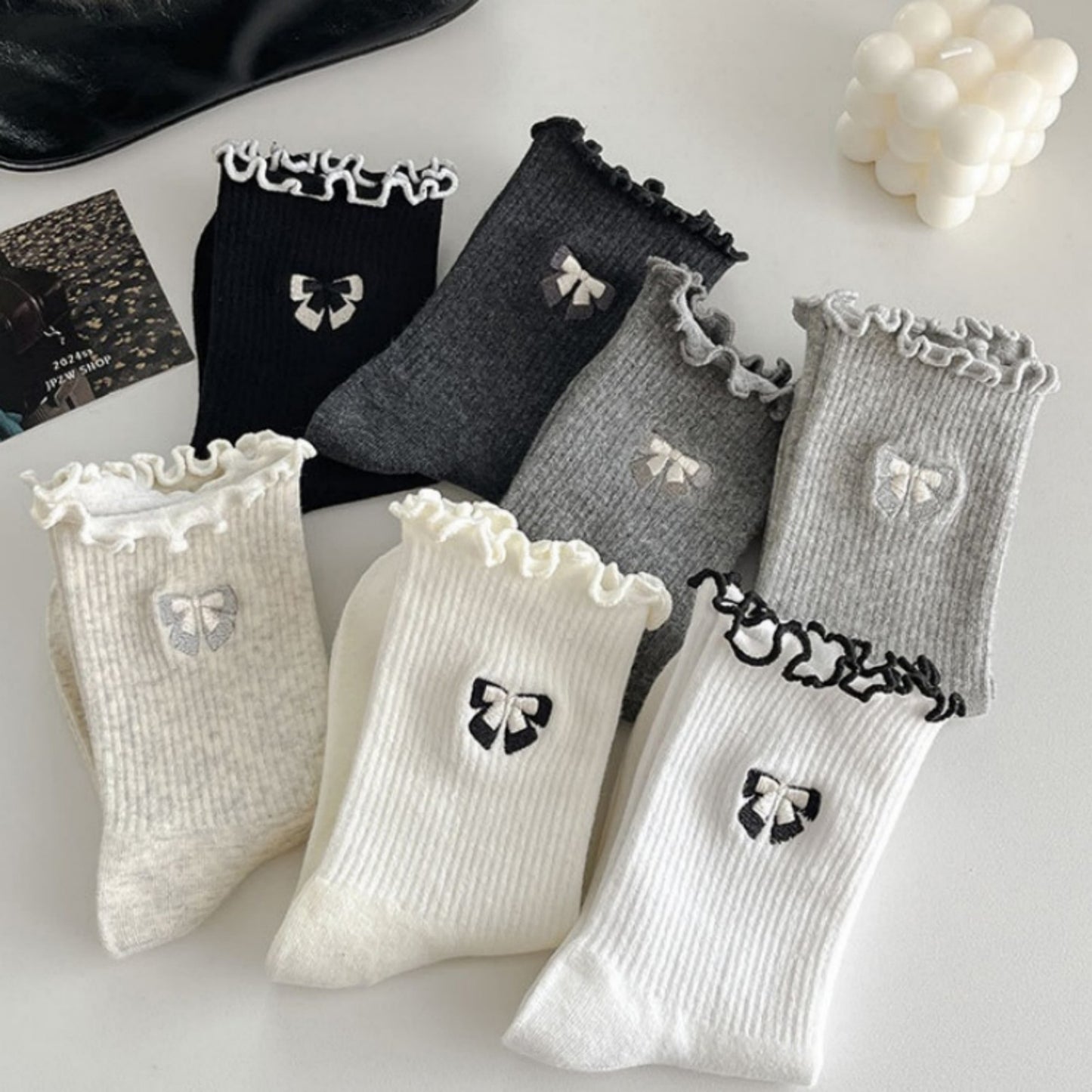 3-Pair Women's Soft Ribbed Ankle Socks with Lettuce Edge Trim and Bow Accent Stretch Knit Comfort Set US(5-10)