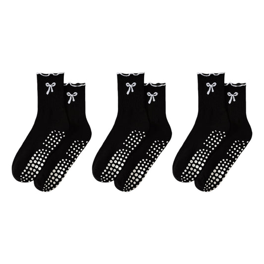 3-Piece Set Ribbed Crew Socks with Bow Embroidery Scalloped Cuff and Non Slip Grip Sole