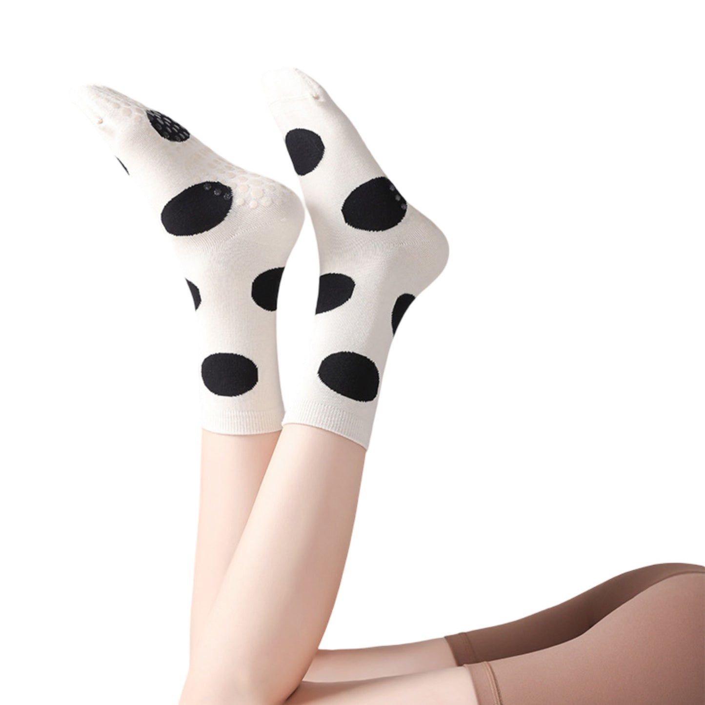 2 Pairs Womens Polka Dot Cotton Crew Socks with Non Slip Grip Sole