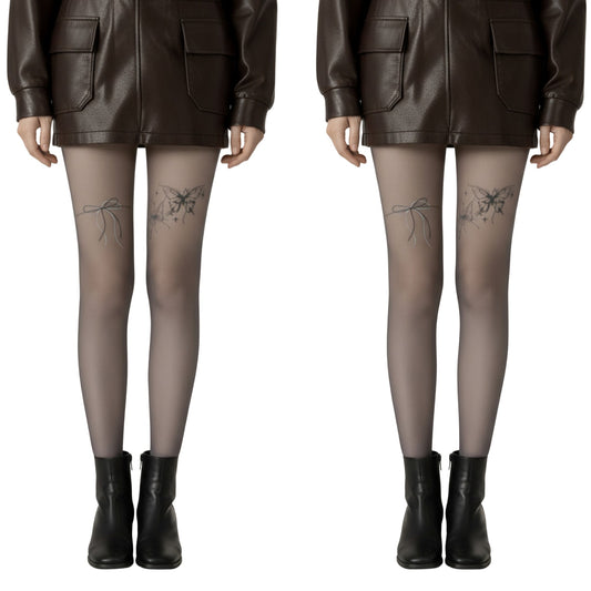 2pcs Women's Sheer Full Length Tights with Bow and Butterfly Thigh Print and Soft Stretch Fit for Delicate Feminine Styling