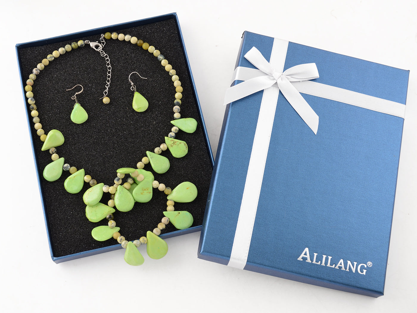 ALILANG Beadeds Simulated Turquoise Necklace and Earrings Set for Women