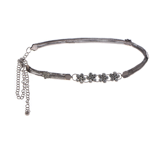 Mesh Waist Chain with Crystal Floral Centerpiece Adjustable Belly Jewelry