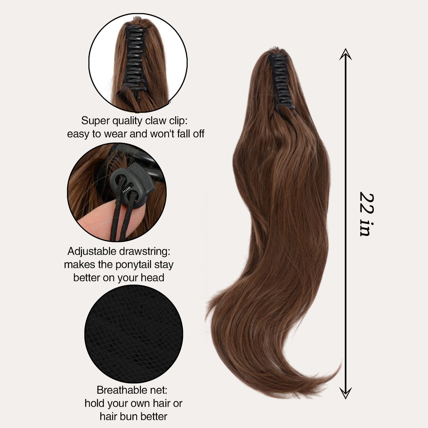 22-Inch Layered Claw Clip Ponytail Extension with Adjustable Drawstring and Breathable Net