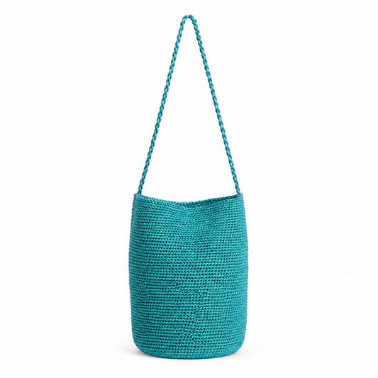 Shimmery Woven Bucket Shoulder Bag Blue Small Crossbody Purse with Braided Strap for Daily Essentials