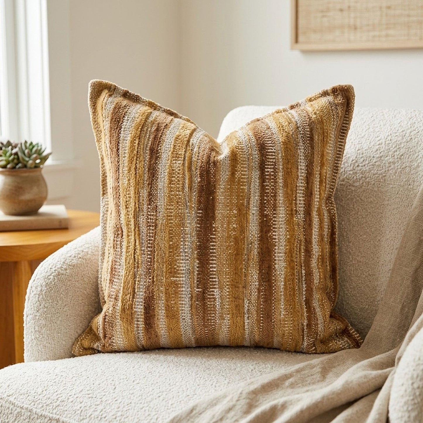 Textured Woven Striped Square Decorative Throw Pillow Cover