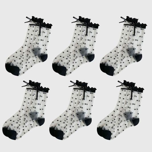 Sheer Polka Dot Ankle Socks with Bow Detail 6pk