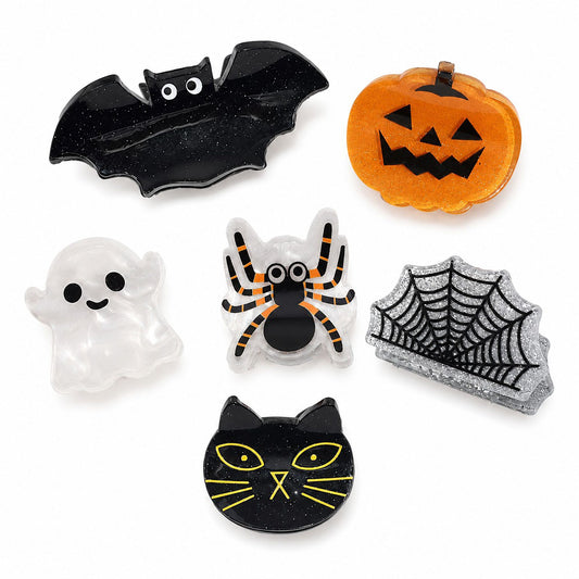6pc Halloween Hair Clip Set with Pumpkin Ghost Bat and Spider Designs