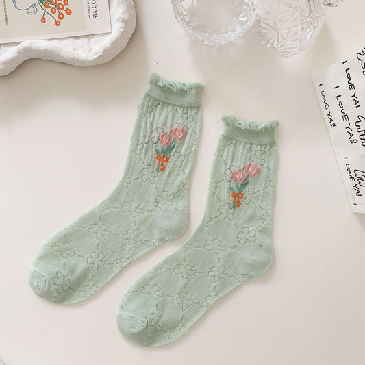 Sheer Floral Embroidered Ankle Socks with Ruffle Cuff 6Pk