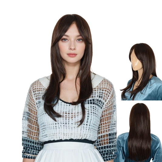 Long Blonde Wig with Curtain Bangs and Dark Roots Heat Resistant Synthetic Layered Wig for Women, 24 Inches