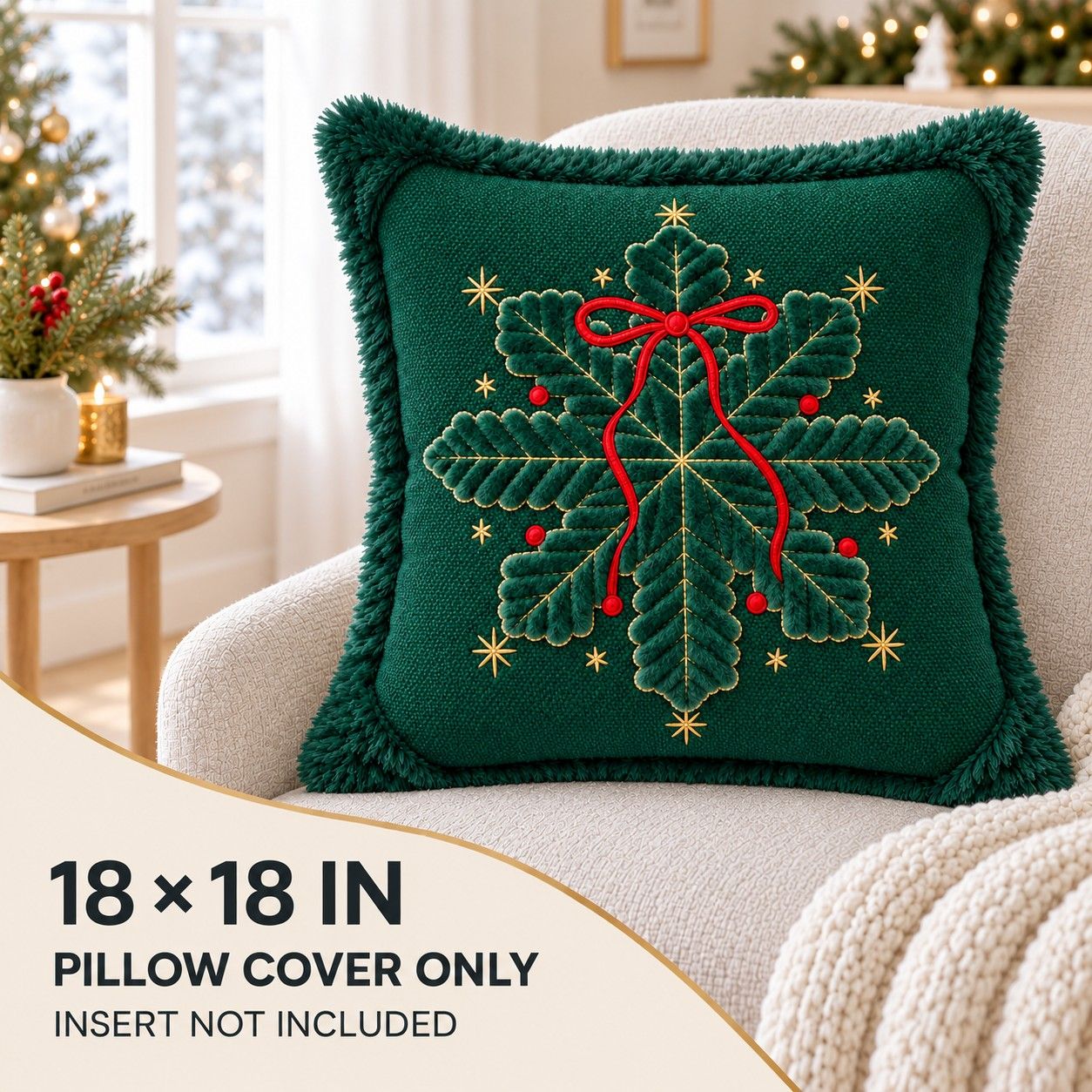 Christmas Embroidered Plush Throw Pillow Cover 18 x 18 Inch 1 Pack
