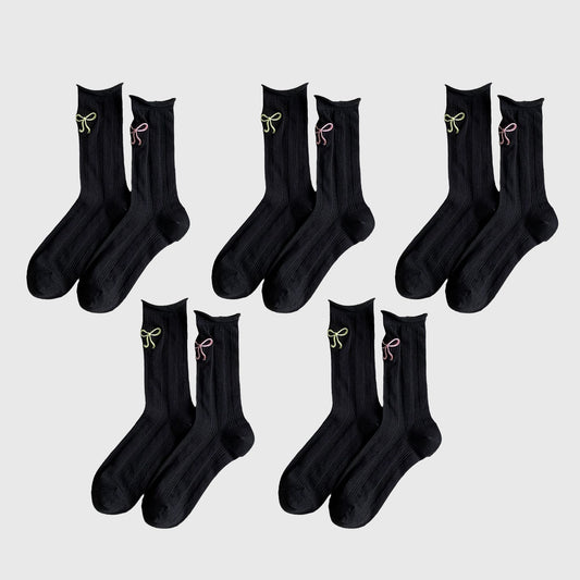 Adorable Bow-Embroidered Ribbed Ankle Socks 5Pk