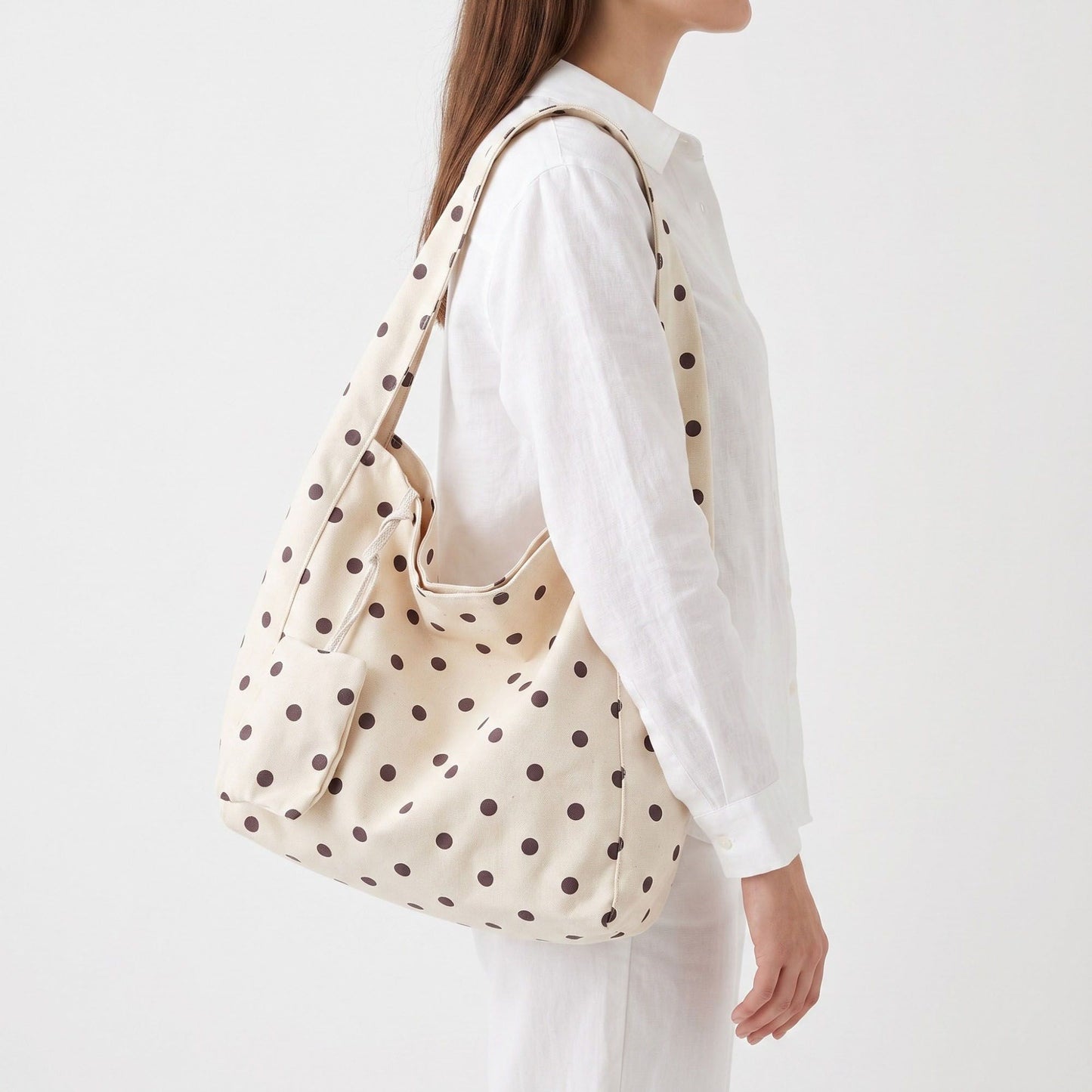 Polka Dot Hobo Tote Bag with Wide Shoulder Strap and Matching Pouch 12.5x13x5.5in