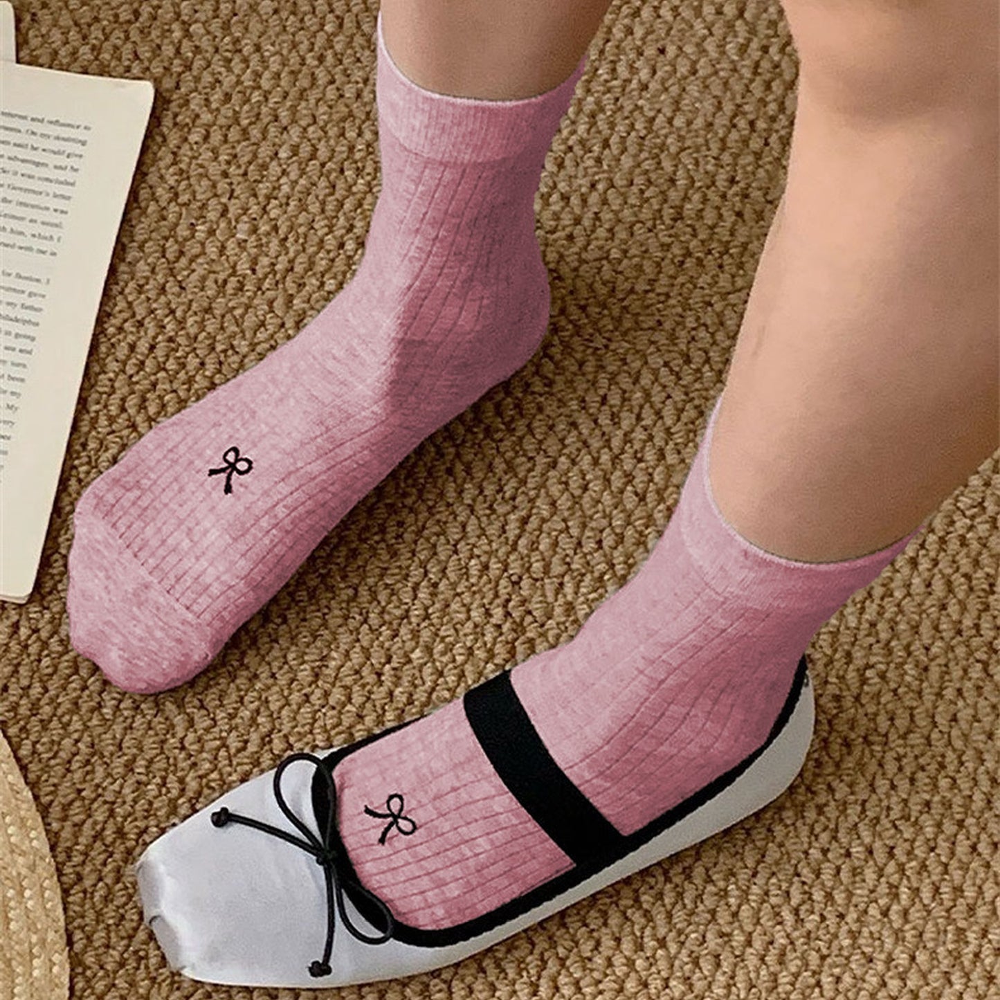 Ribbed Ankle Socks with Bow Embroidery 6Pk