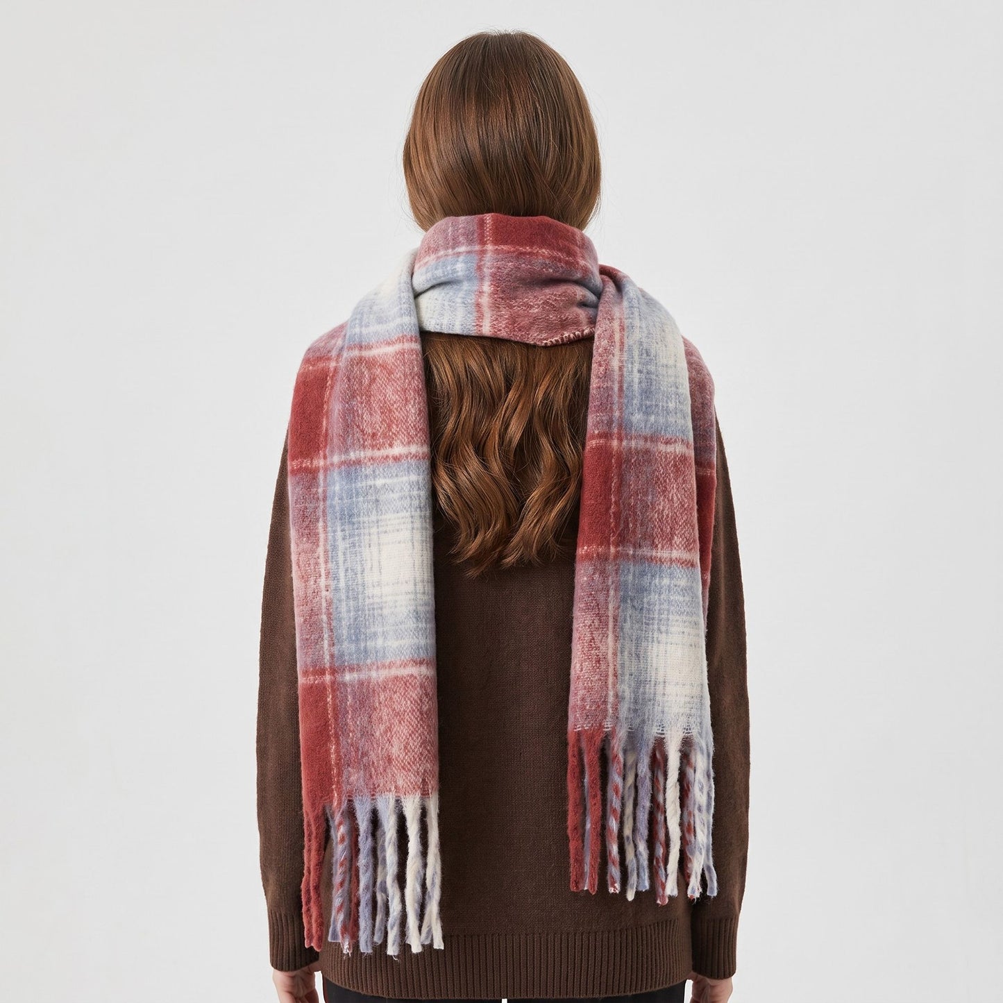 Oversized Plaid Scarf with Fringe Soft Brushed Winter Wrap