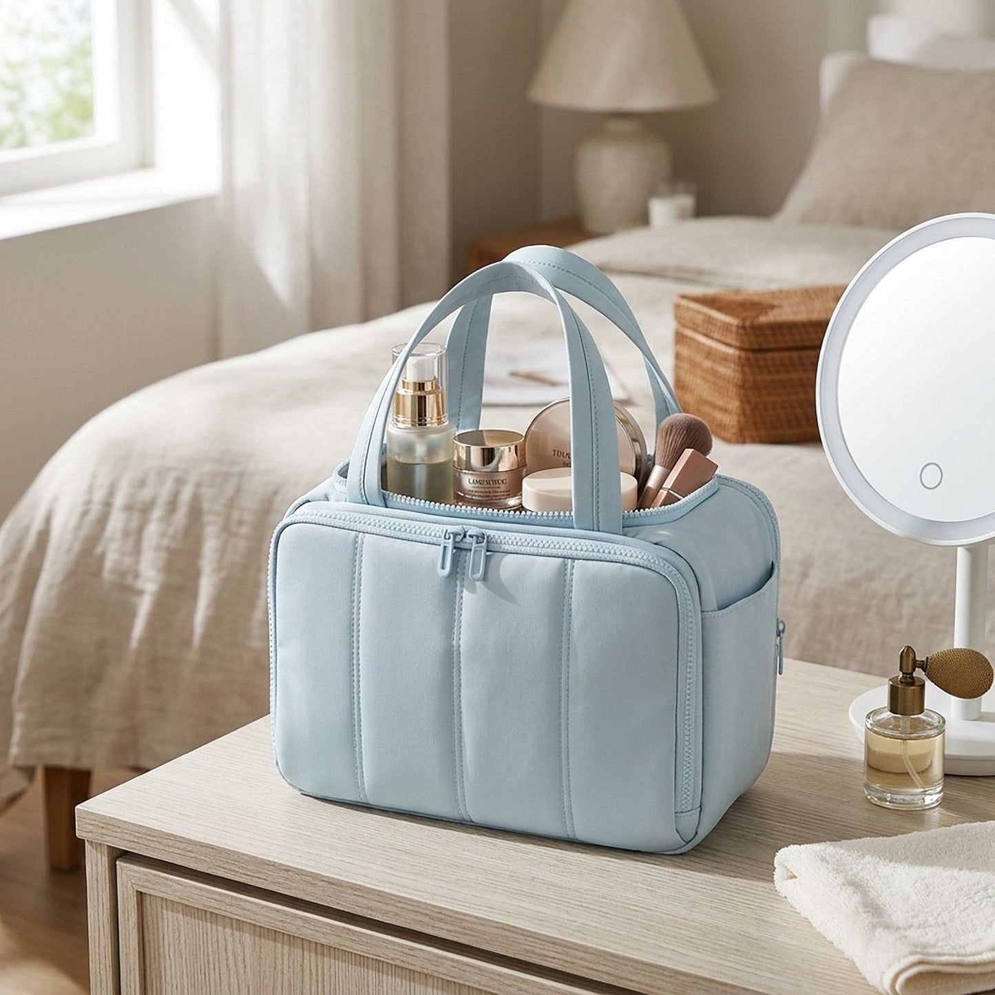 Travel Makeup Bag with Dividers and Carry Handles