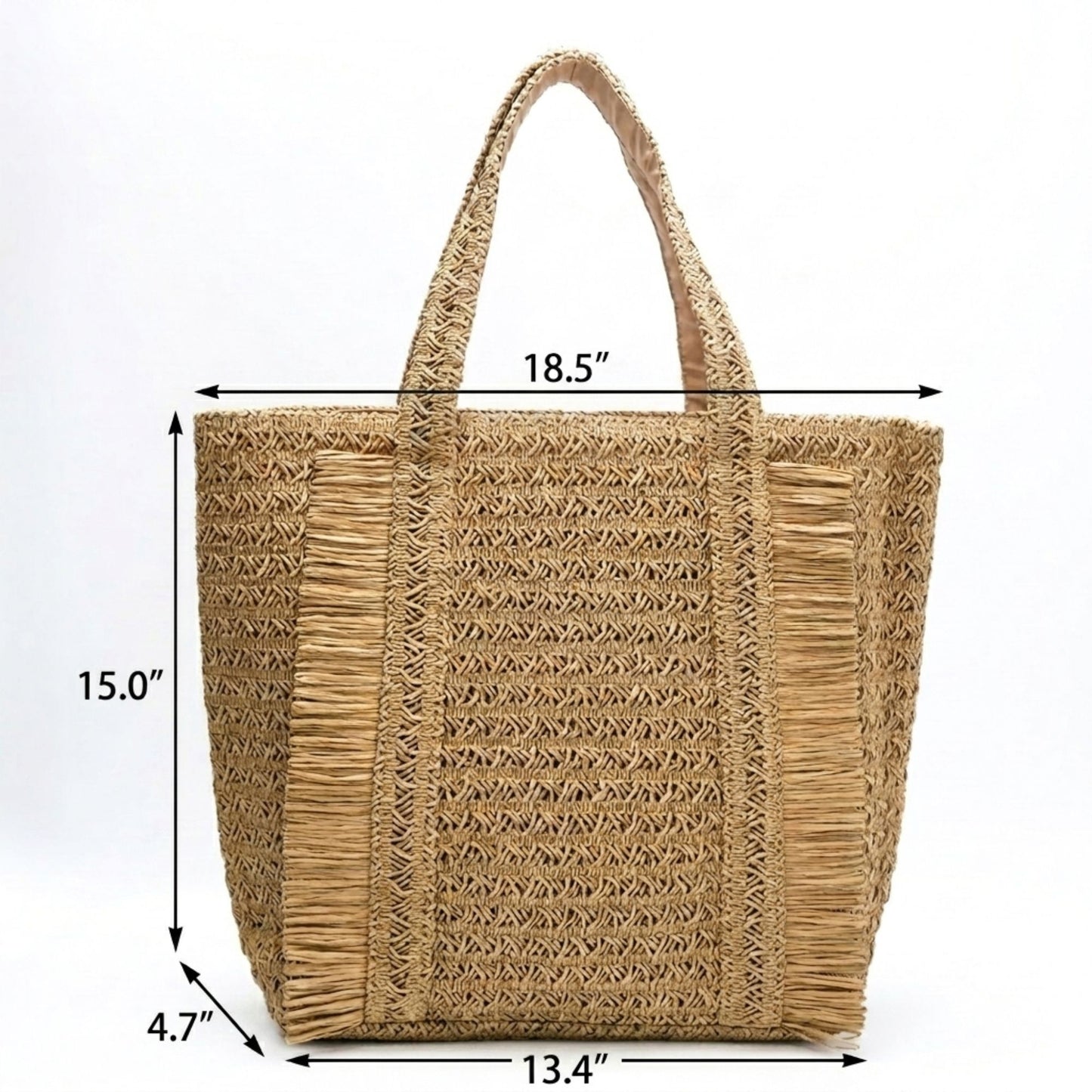 Woven Tote Bag with Fringe Detail and Shoulder Handles