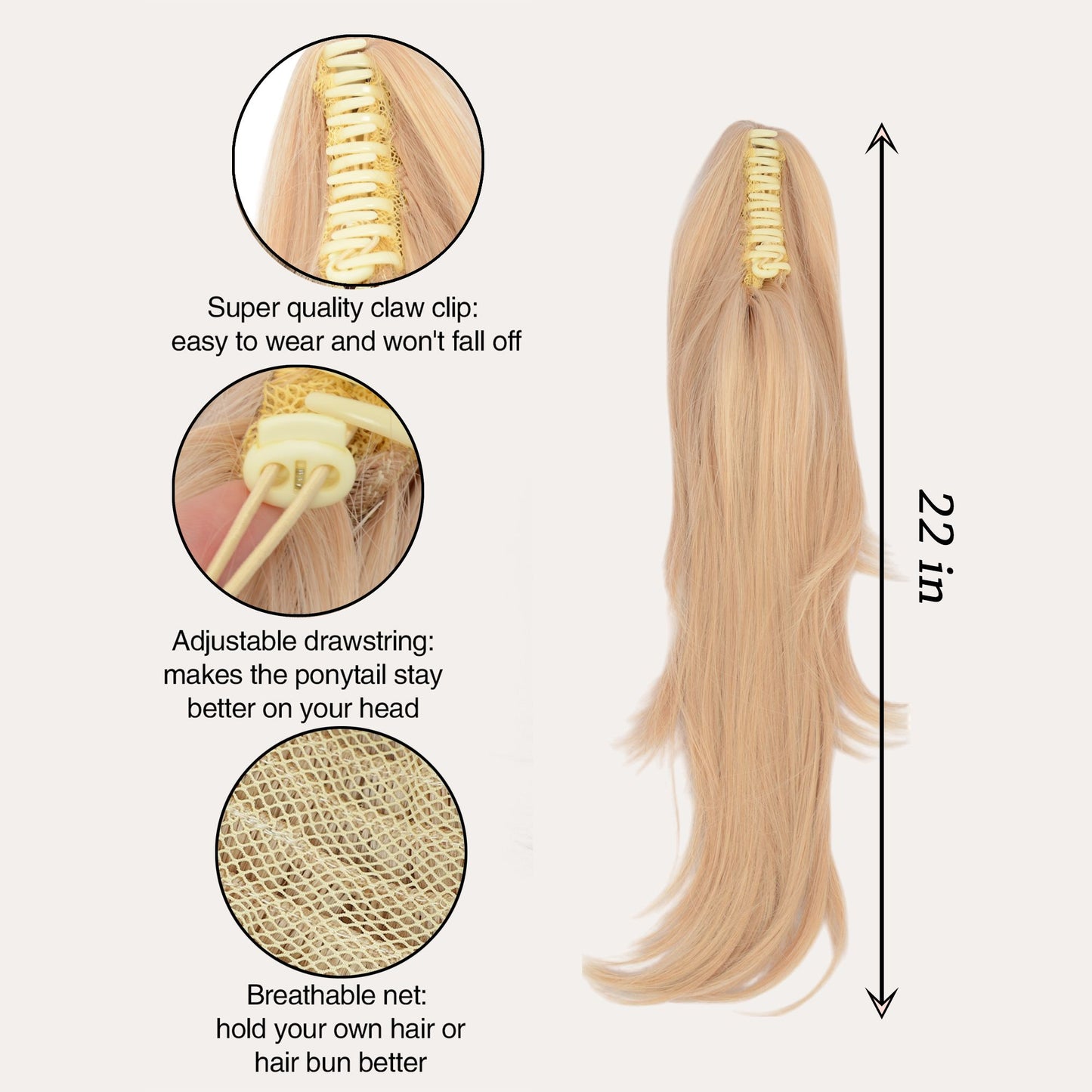 22-Inch Layered Claw Clip Ponytail Extension with Adjustable Drawstring and Breathable Net