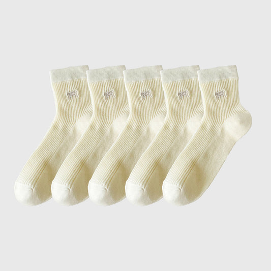 Ribbed Ankle Socks with Bow Embroidery 5Pk