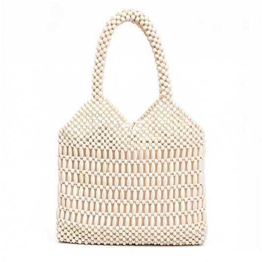 Beaded Tote Bag Structured Wooden Bead Handbag Open Weave Large Shoulder Bag Lightweight Carryall Purse