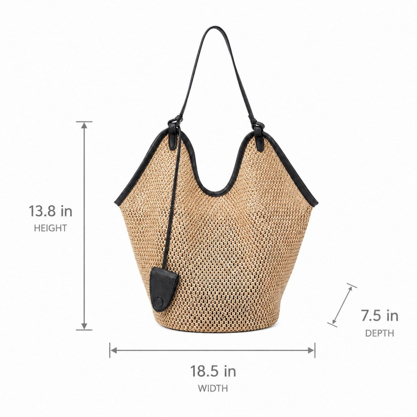 Woven Straw Style Tote Bag Large Capacity Shoulder Bag with Faux Leather Trim