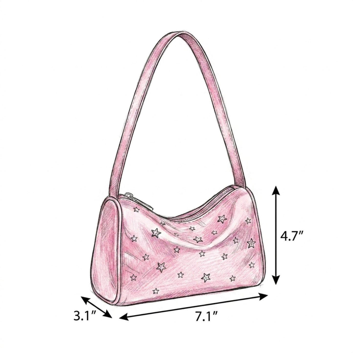Studded Satin Shoulder Bag with Zip Closure and Interior Pocket