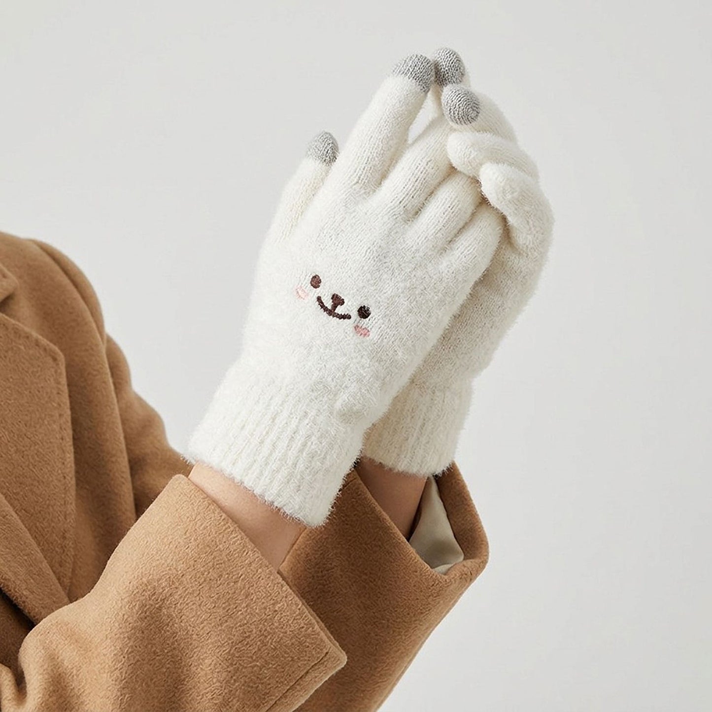 Fuzzy Knit Touchscreen Gloves with Embroidered Smiley Face