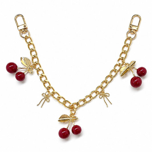 Cherry Charm Decorative Bag Chain with Double Clasps and Gold-Tone Hardware