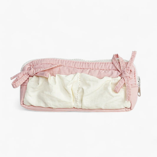 Ruffled Ribbon Zipper Pouch with Dual Compartments and Soft Quilted Texture