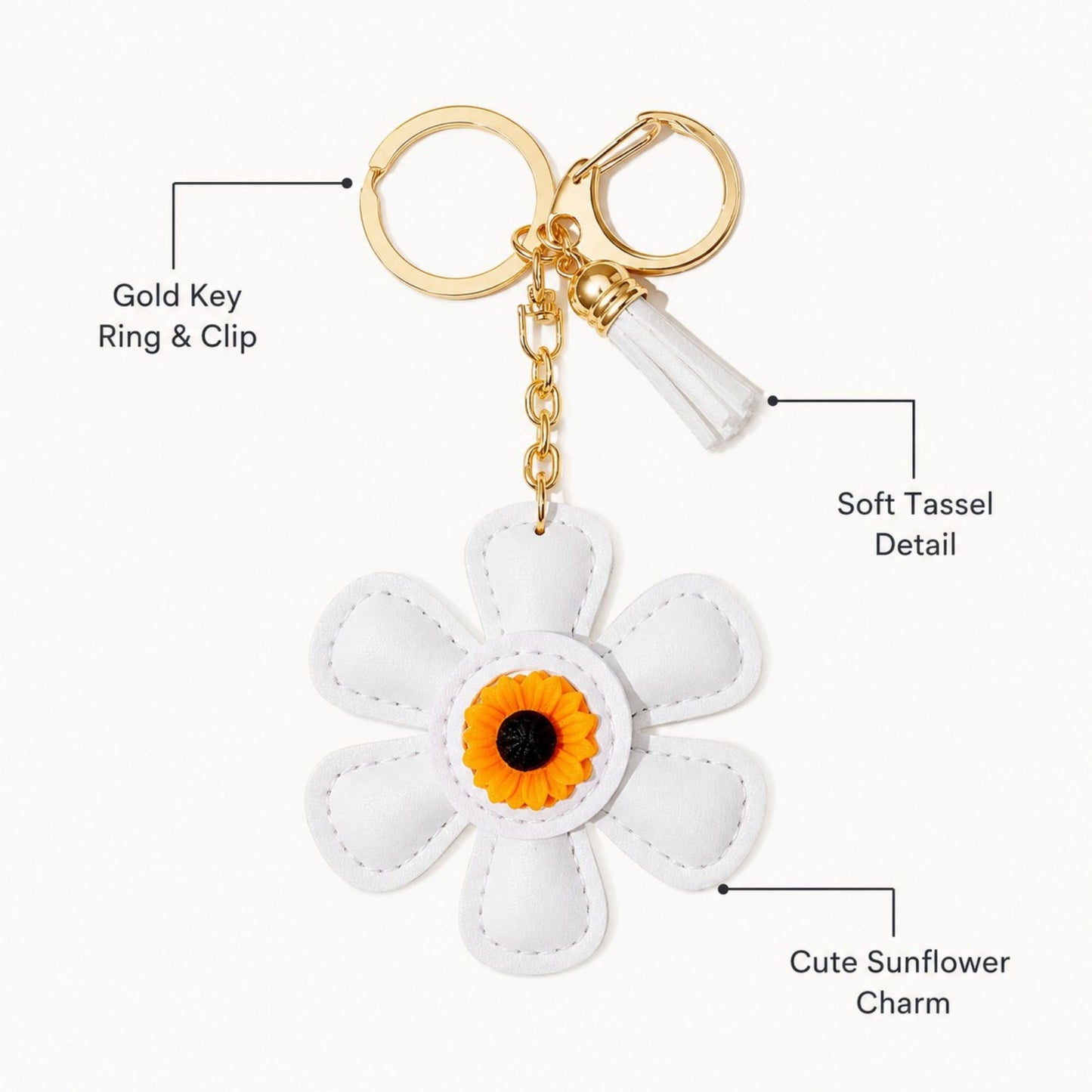 Faux Leather Sunflower Bag Charm Keychain Beige Floral Purse Accessory with Tassel