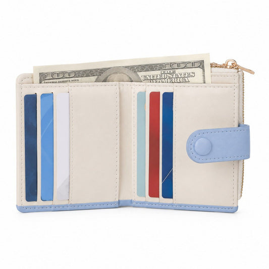 Compact Dachshund Print Bifold Wallet with Zipper Coin Pocket, Card Slots, Snap Closure and Bone Charm