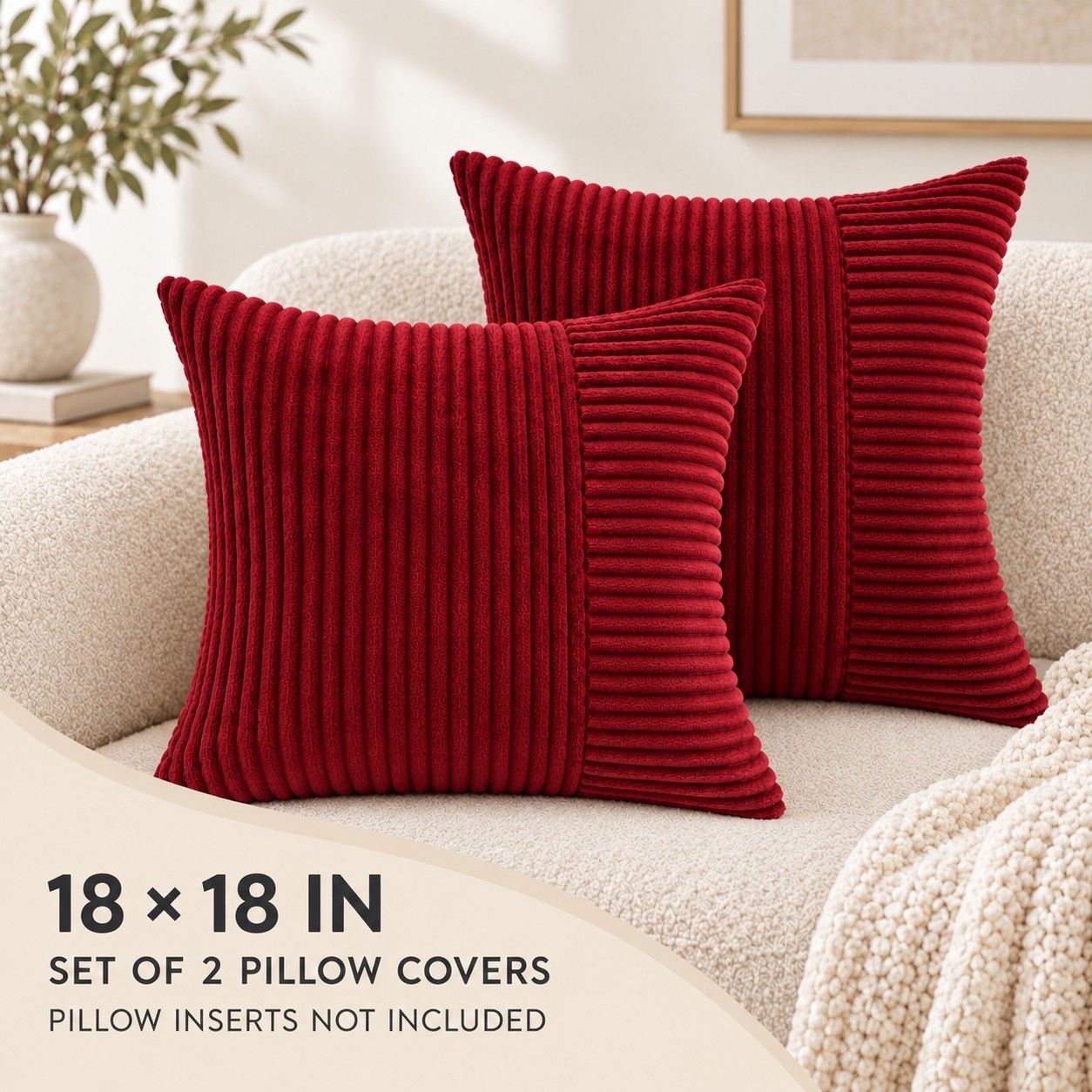 2 Pack Soft Corduroy Throw Pillow Covers 18 x 18 Inch and 12 x 20 Inch