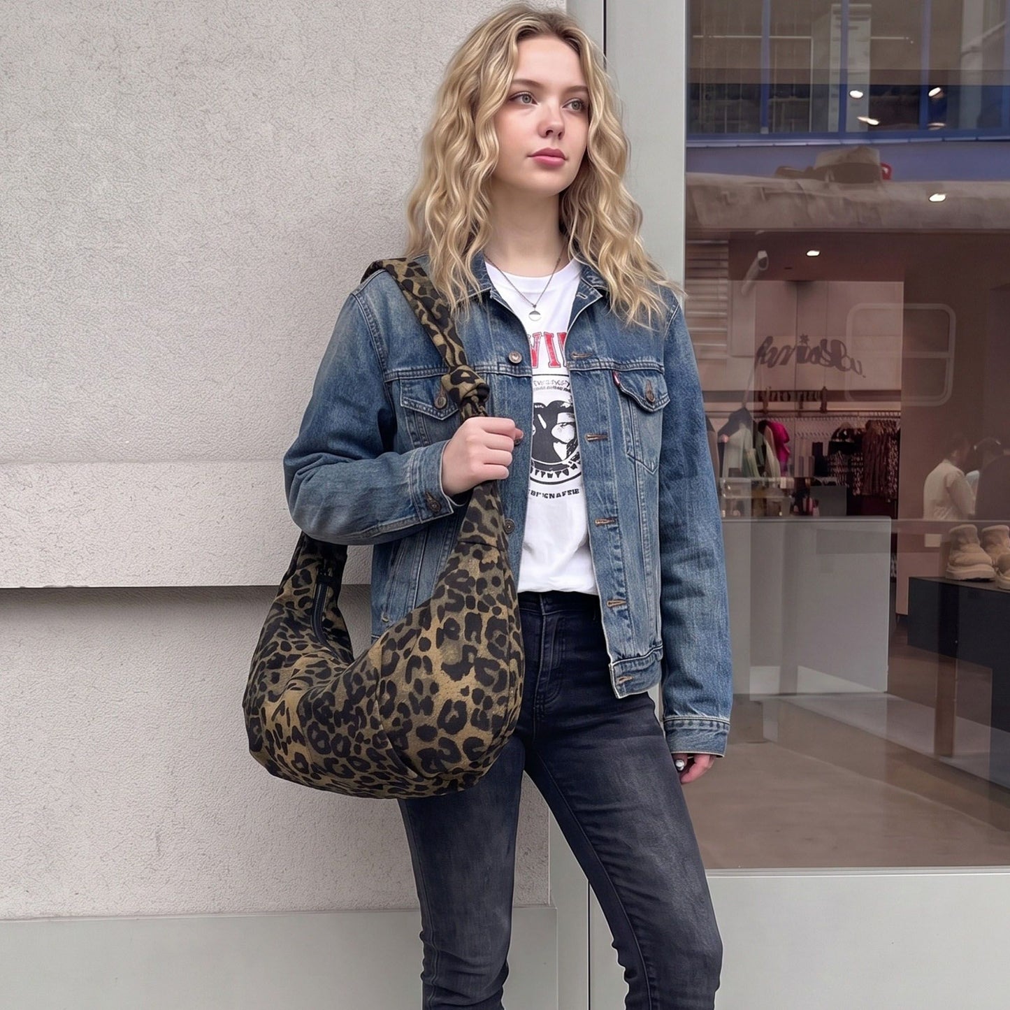 Leopard Print Shoulder Bag with Knotted Strap and Zipper Closure