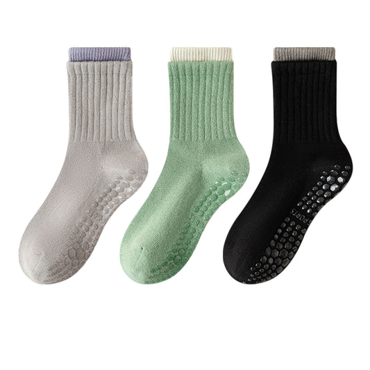 Womens Non-Slip Grip Crew Socks 3 Pair Pack Custom Color Combos Soft Ribbed Cotton with 3D Silicone Heel
