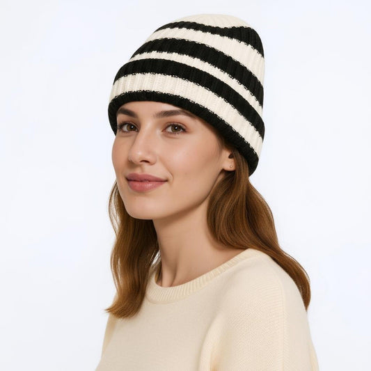 Unisex Striped Knit Beanie Hat Cuffed Warm Winter Cap