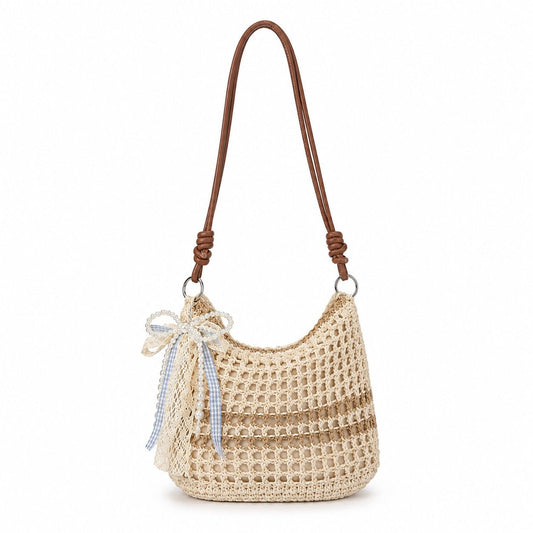Decorative Woven Crossbody Bag with Pearl Charm, Scarf Accent and Zip Closure
