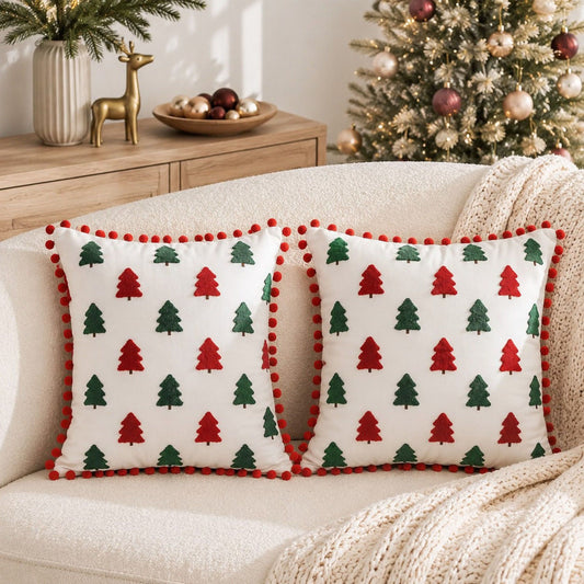 2 Pack Christmas Tree Pom Pom Decorative Throw Pillow Covers