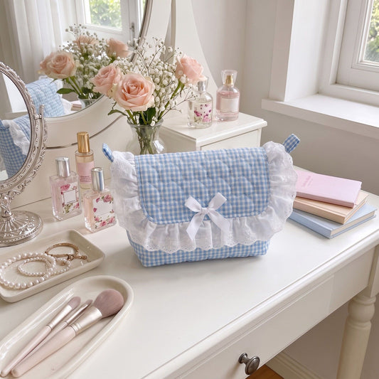 Womens Quilted Gingham Makeup Bag with Shoulder Strap Lace Ruffle Bow