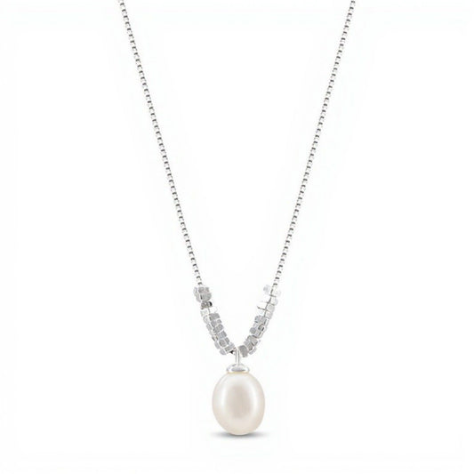 Women's Elegant Drop Pendant Necklace with Simulated Pearl and Polished Bead Chain