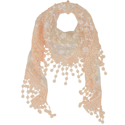Lightweight Lace Floral Head Scarf Fringe Triangular Shawl