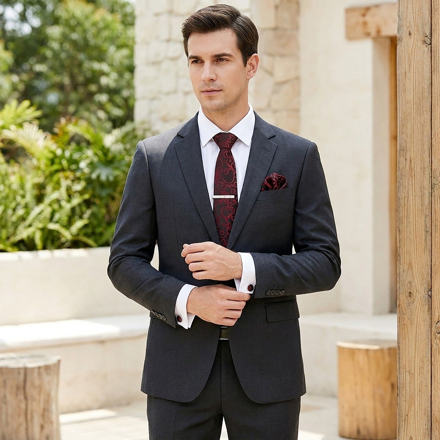 Men's Baroque Floral Tie Gift Set with Matching Pocket Square Cufflinks and Silver Tie Clip
