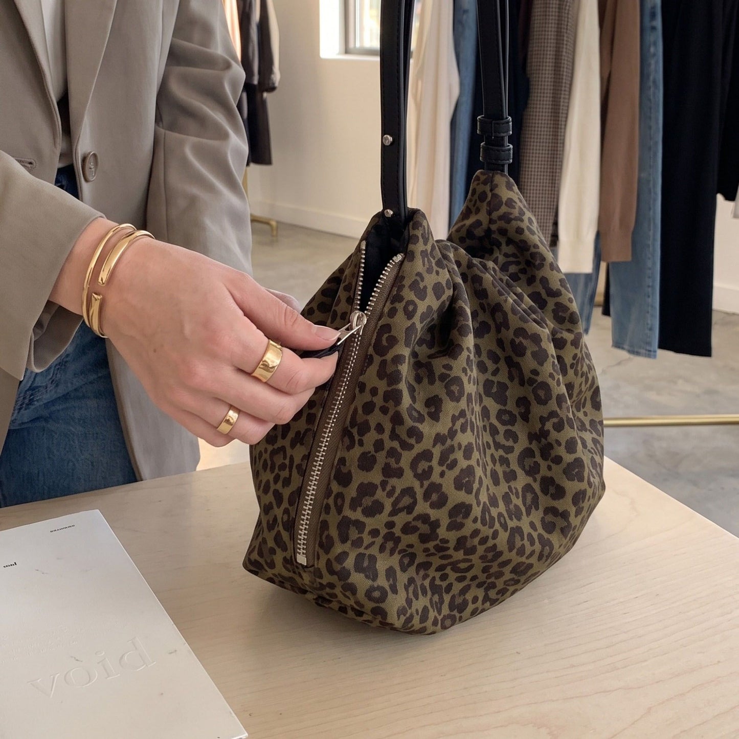 Leopard Print Hobo Shoulder Bag with Adjustable Strap Brown