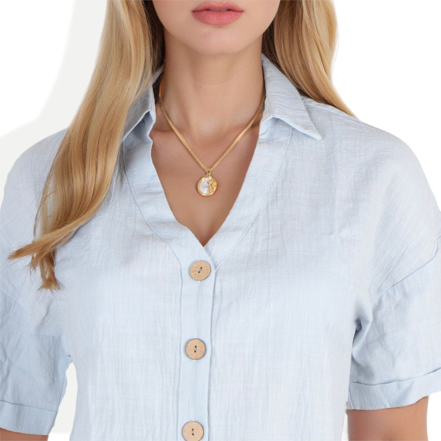 Women's Stainless Steel Necklace with 18K Gold Plated Sun and Moon Pendant, Adjustable Chain, Unique Design with Mother of Pearl